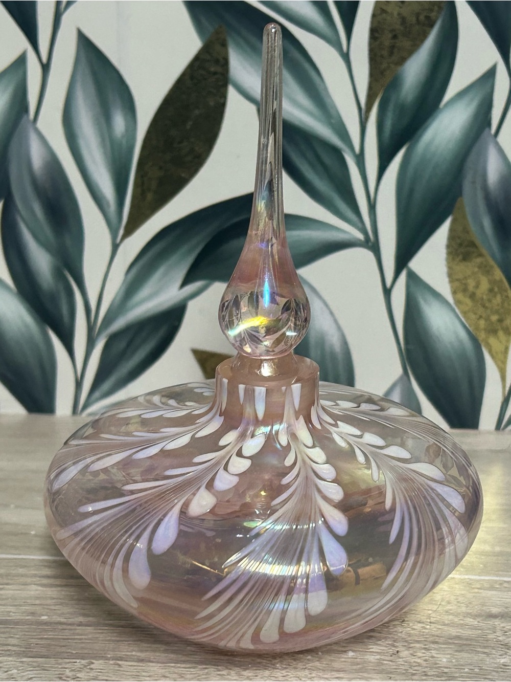 Vintage Crystal Clear Pink Iridescent Art Glass Perfume Bottle - Picture 1 of 9